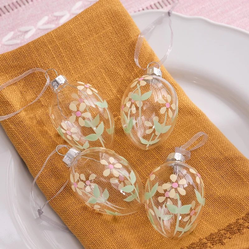 4er Set Glas-Ostereier mit Blumenmotiv zum Aufhängen