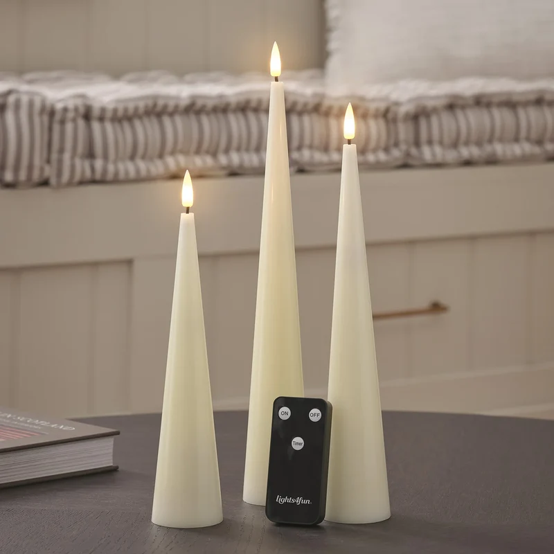 3er Set TruGlow® LED Kerzen in Kegelform elfenbeinfarben