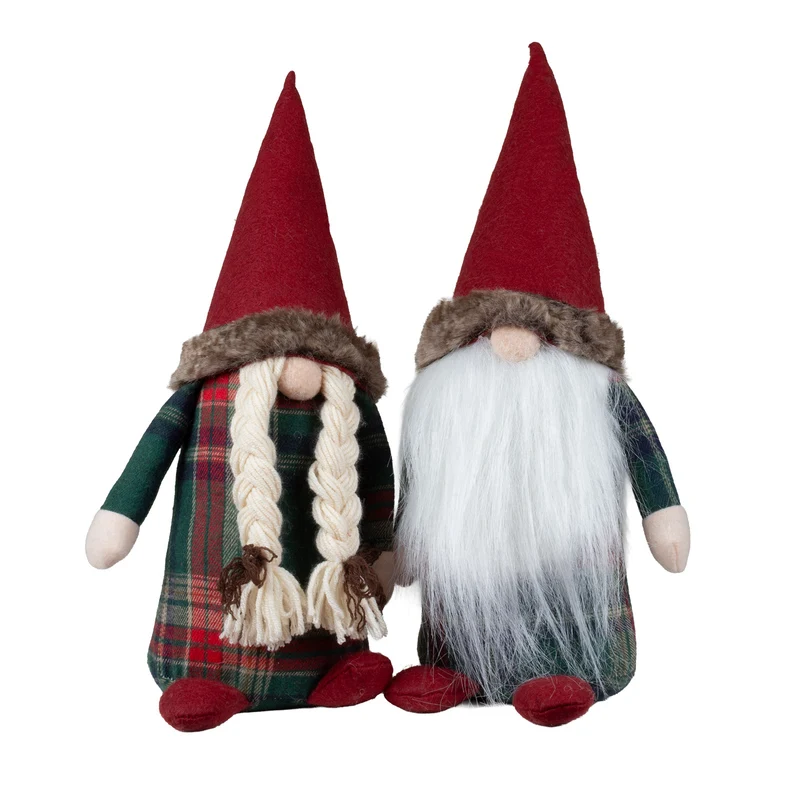 Wichtel sitzend 25 cm in 2 Designs. Dekofigur Gnom rot & grün kariert