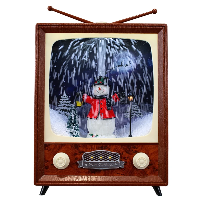 LED Schneelaterne Schneemann TV 30cm mit Musik, Licht und Schneewirbel