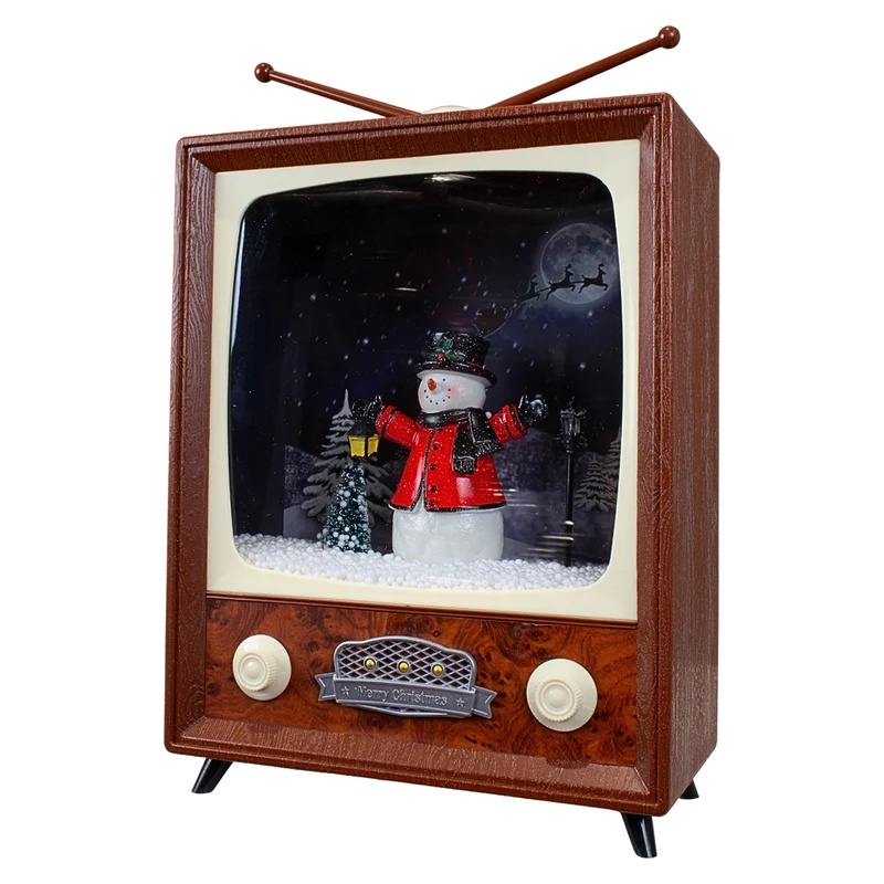 LED Schneelaterne Schneemann TV 30cm mit Musik, Licht und Schneewirbel