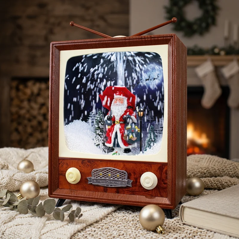 LED Schneelaterne Weihnachtsmann TV 30cm mit Musik, Licht und Schneewirbel