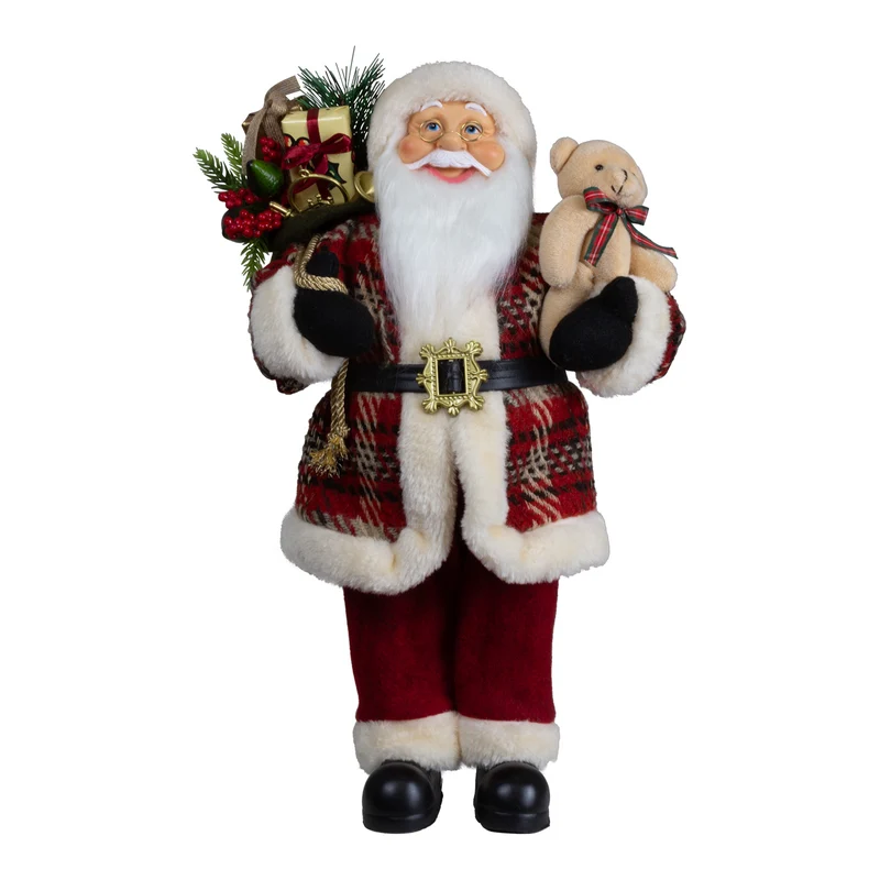 Weihnachtsmann 45cm Santa mit Kurzem Mantel in Karomuster und Teddybär