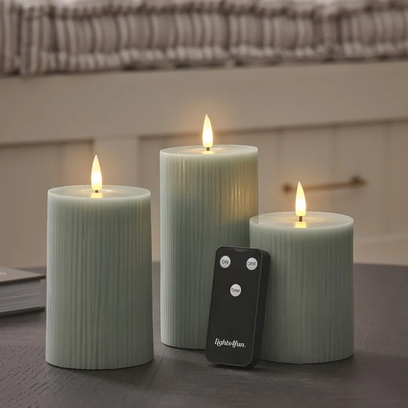 3er Set TruGlow® LED-Stumpenkerzen salbeigrün