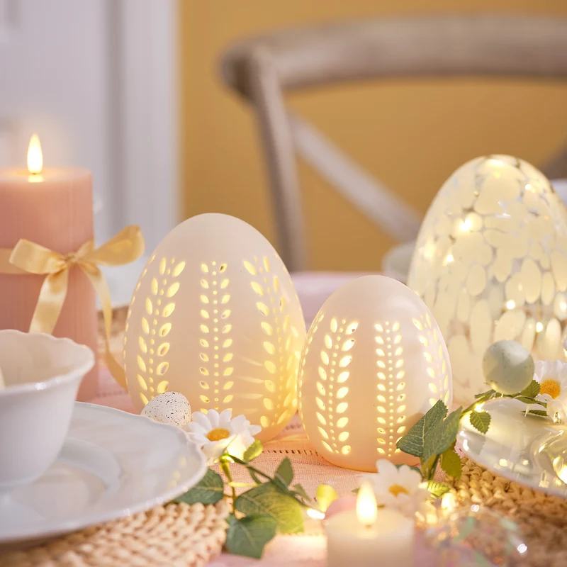2er Set LED-Porzellan-Eier mit Timer warmweiß