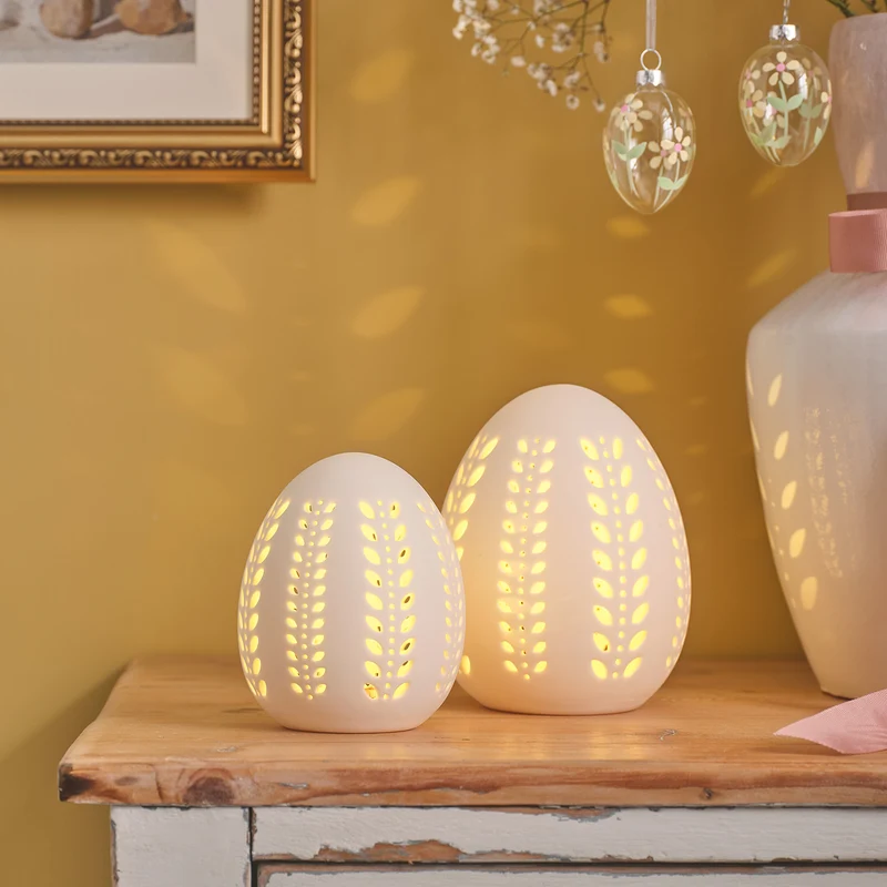 2er Set LED-Porzellan-Eier mit Timer warmweiß