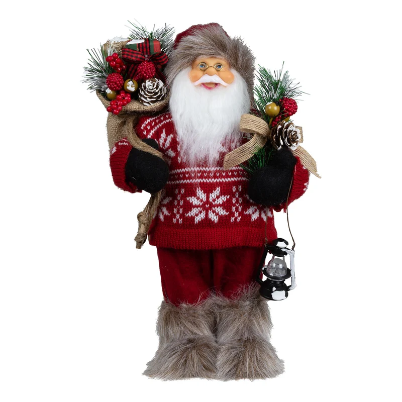Weihnachtsmann 30 cm stehend mit Laterne, Stiefel mit Fellbesatz, Jutesack und Winterzweigen
