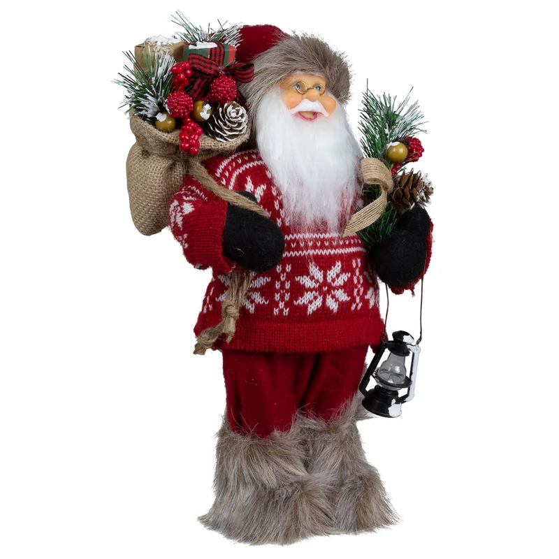 Weihnachtsmann 30 cm stehend mit Laterne, Stiefel mit Fellbesatz, Jutesack und Winterzweigen