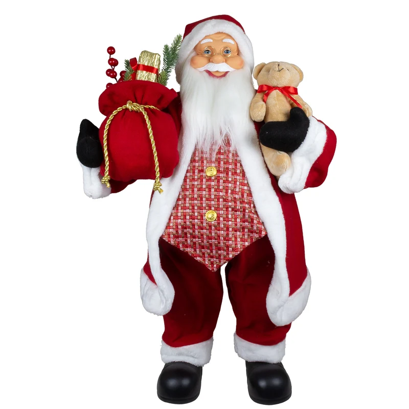 Weihnachtsmann 80cm Santa stehend mit Langem Mantel und Teddybär