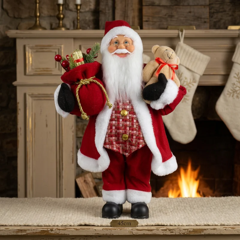 Weihnachtsmann 45cm Santa stehend mit Langem Mantel und Teddybär