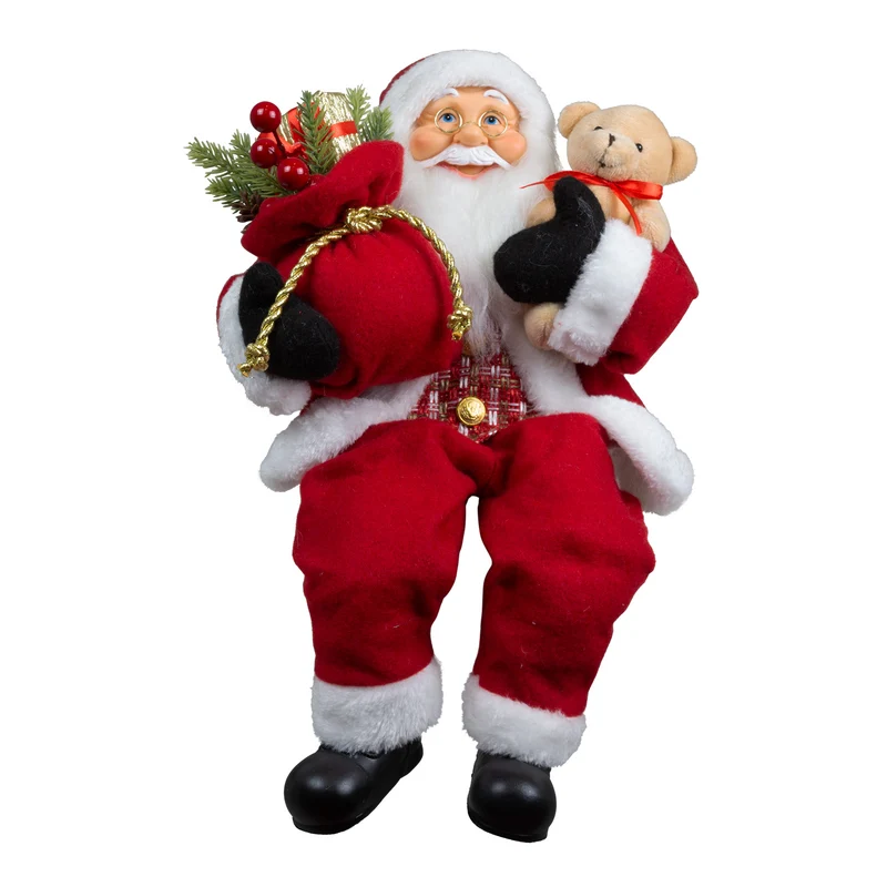 Weihnachtsmann 45cm Santa mit rotem Mantel und Teddybär Kantenhocker
