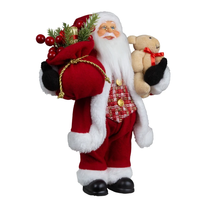 Weihnachtsmann 30cm Santa stehend mit Langem Mantel und Teddybär