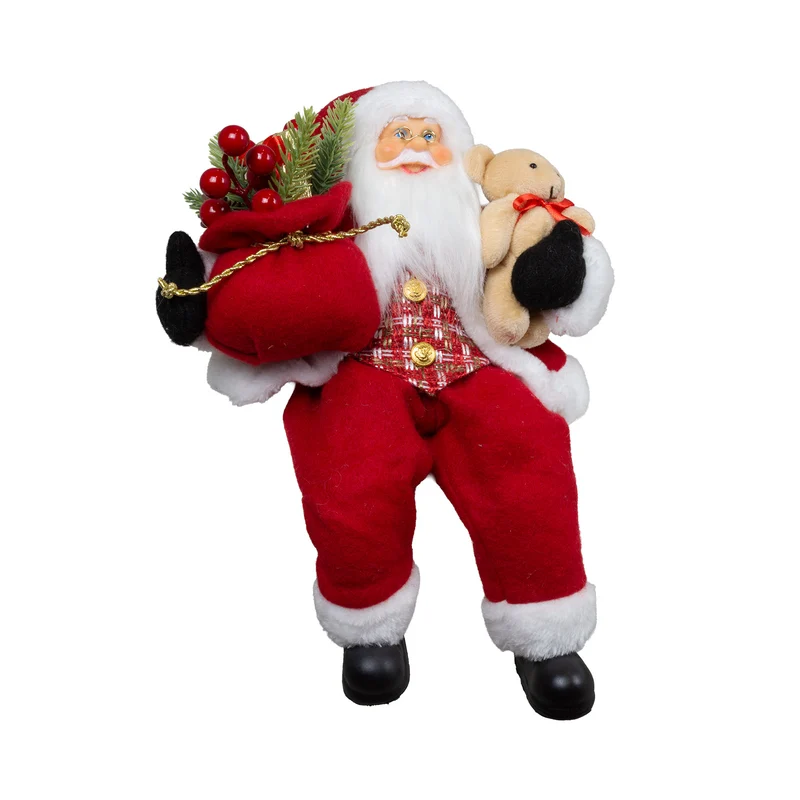 Weihnachtsmann 30cm Santa mit rotem Mantel und Teddybär Kantenhocker