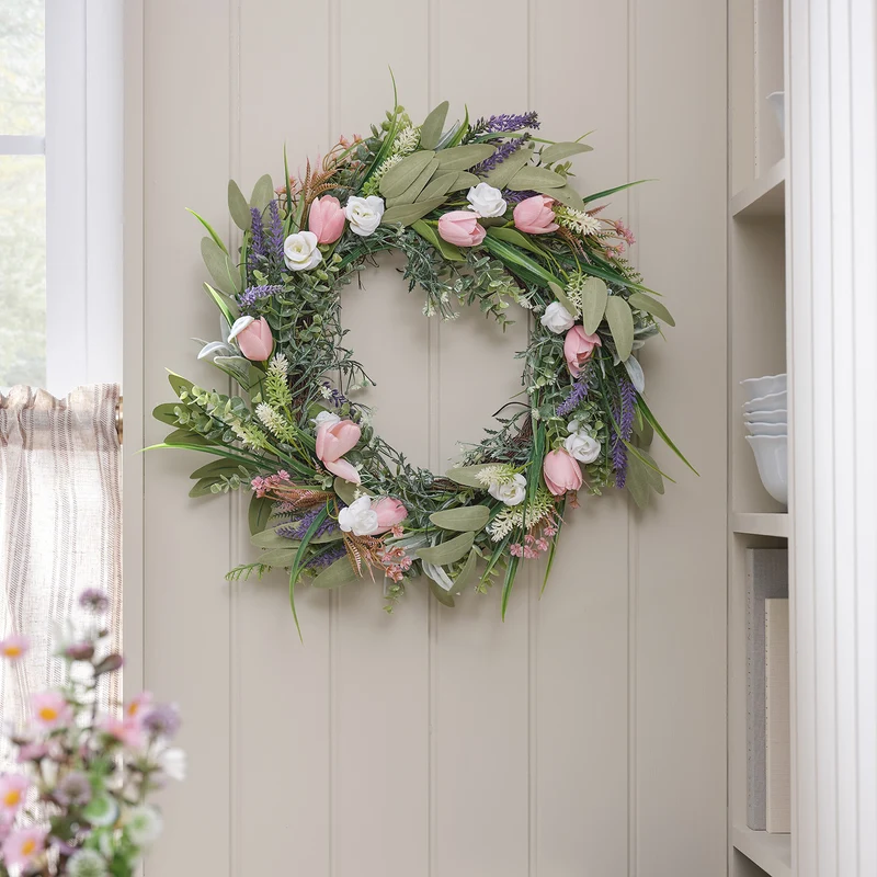 Batteriebetriebener LED-Tulpenkranz 55cm mit Lavendel & Rosen