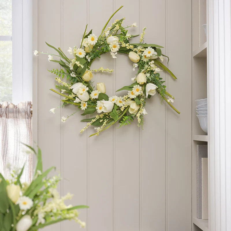 45cm LED‑Frühlingskranz mit Tulpen & Gänseblümchen in Gelb