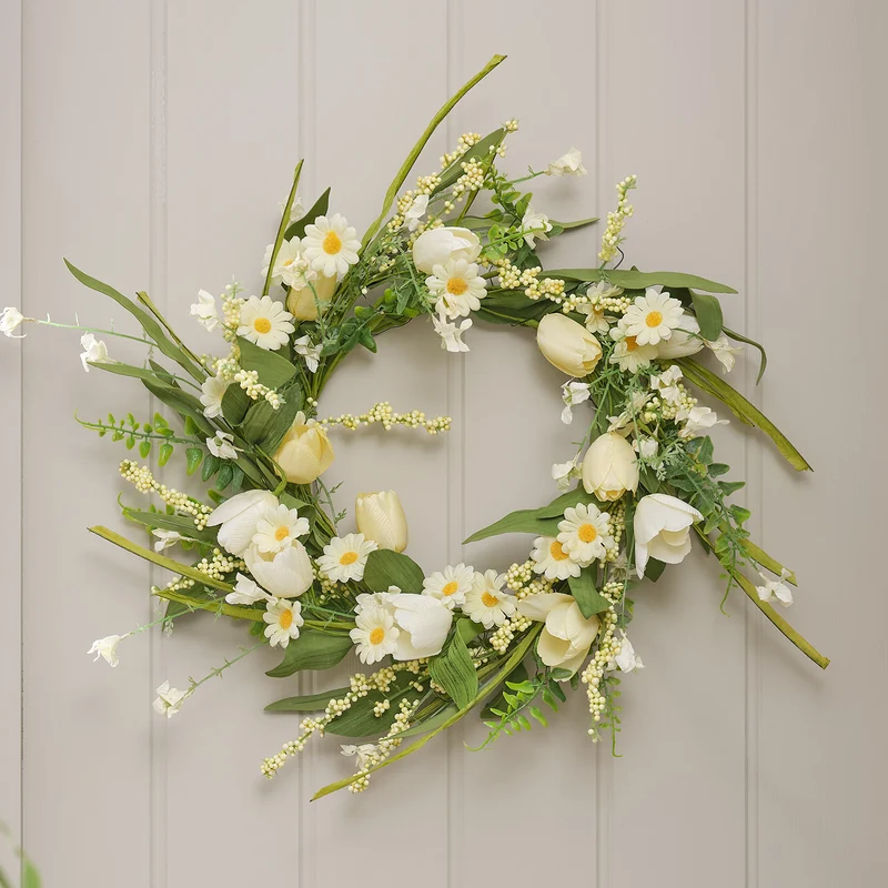 45cm LED‑Frühlingskranz mit Tulpen & Gänseblümchen in Gelb