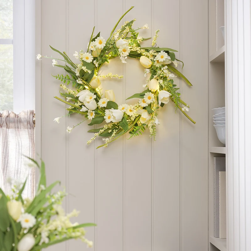 45cm LED‑Frühlingskranz mit Tulpen & Gänseblümchen in Gelb