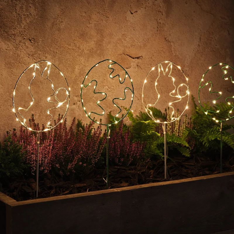 4er Set LED-Osterei-Gartenstecker mit Mikro-Lichtern in Grün & Weiß