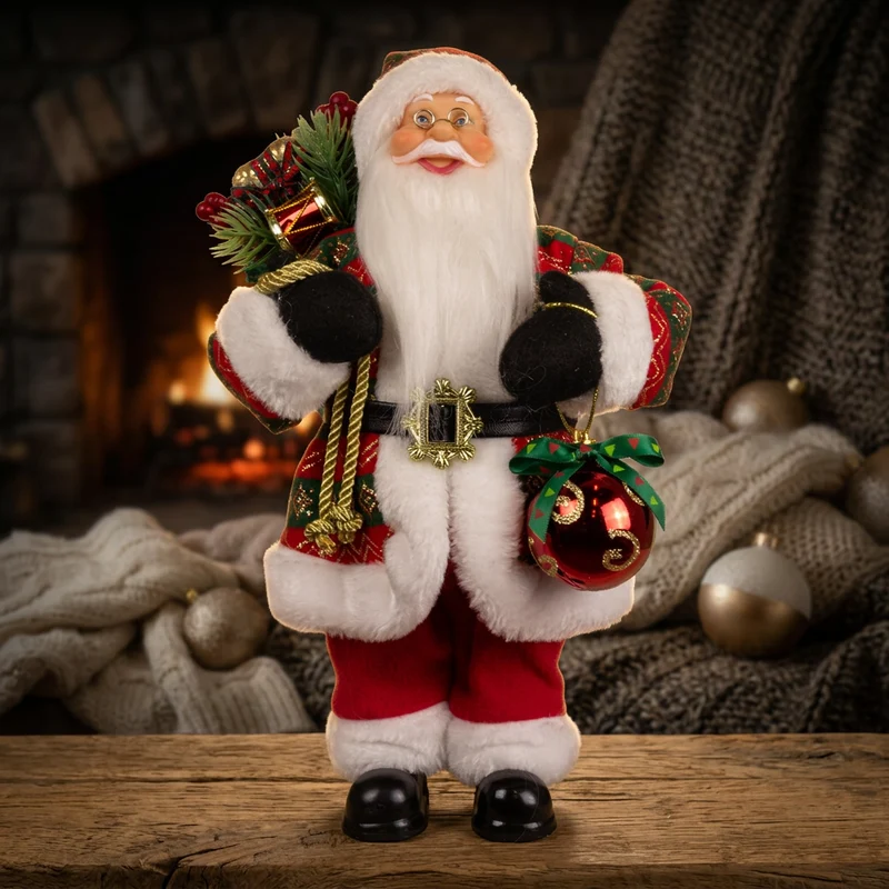 Weihnachtlicher Santa 30cm stehend mit Langem Mantel und Geschenken