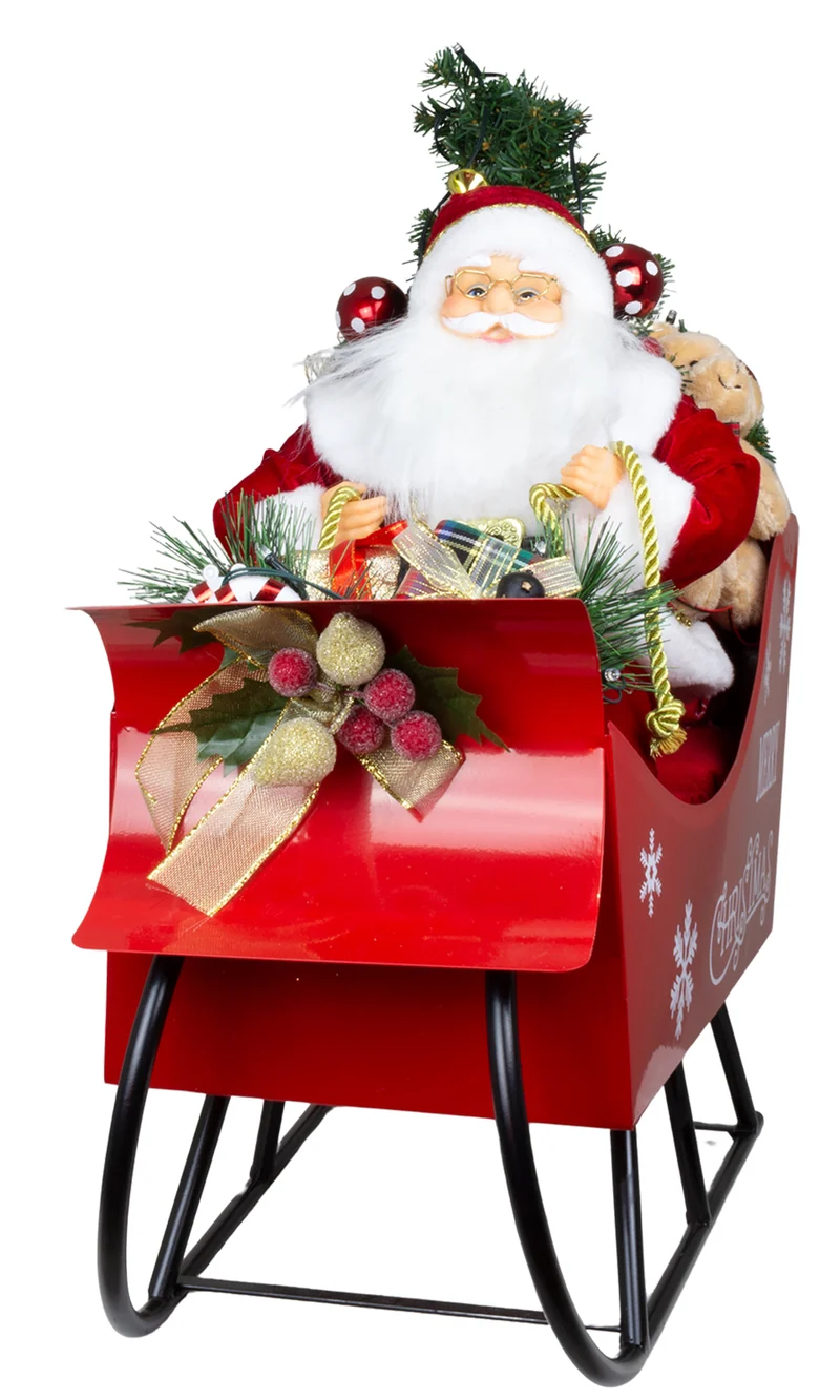 LED Weihnachtsmann im Schlitten 45cm mit Geschenken & Teddy