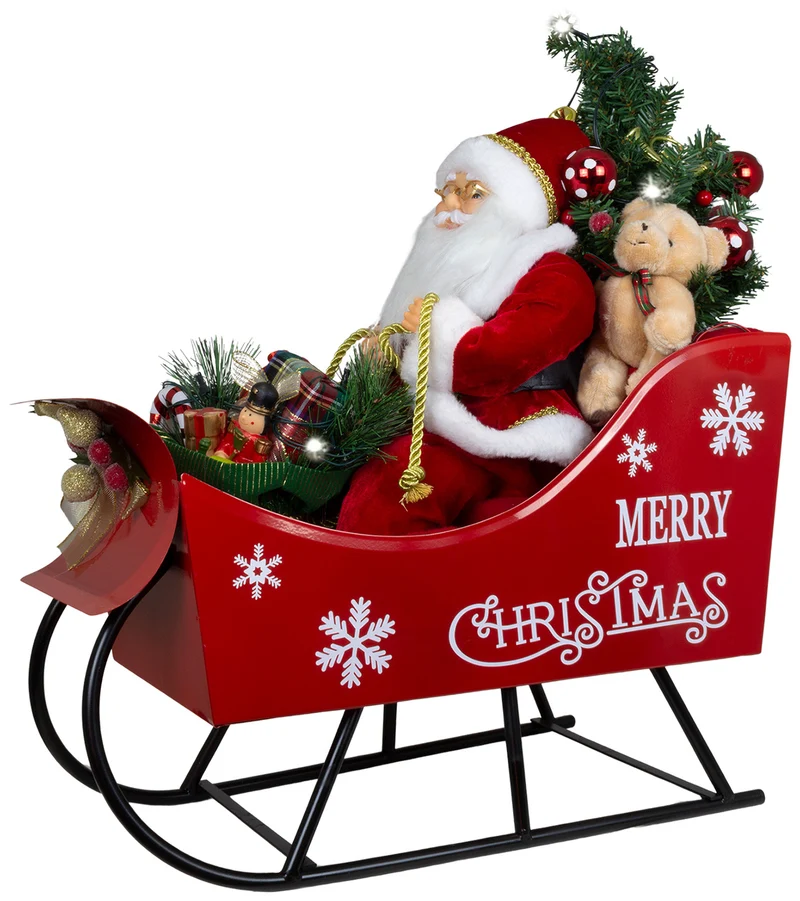 LED Weihnachtsmann im Schlitten 45cm mit Geschenken & Teddy