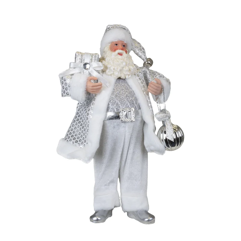 Weihnachtsmann 28cm stehend Santa Claus Dekofigur in Silber mit Geschenk & Kugel