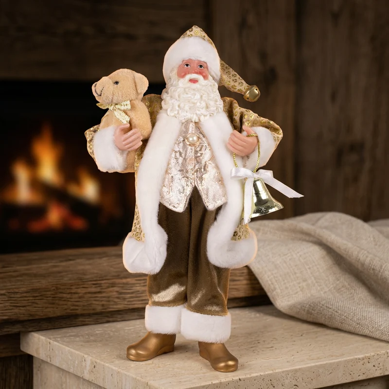 Weihnachtsmann stehend 28cm Santa Claus Dekofigur in gold mit Teddybär & Glöckchen