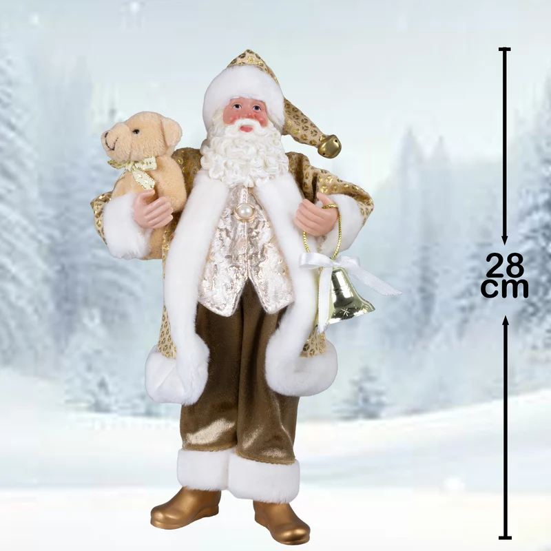 Weihnachtsmann stehend 28cm Santa Claus Dekofigur in gold mit Teddybär & Glöckchen