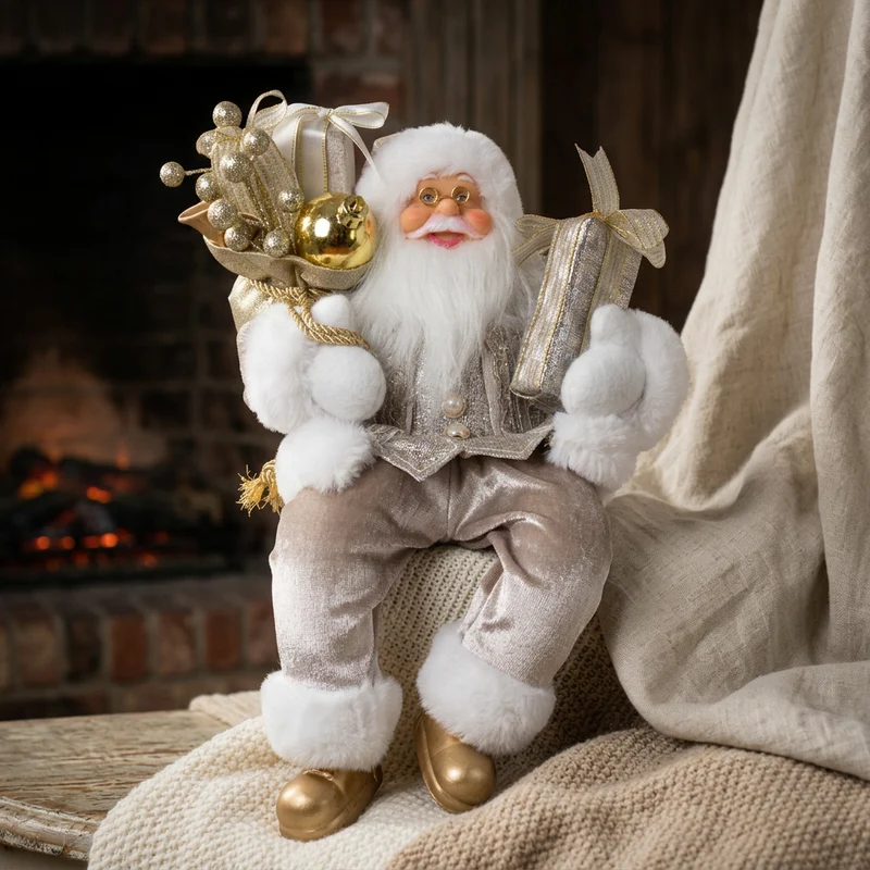 Weihnachtsmann 30cm Santa mit goldenem Mantel und Geschenken Kantenhocker