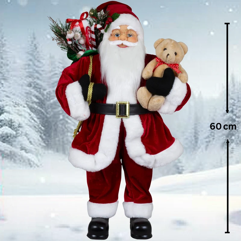 Weihnachtsmann Dekofigur 60 cm – Stehender Nikolaus mit Geschenkesack