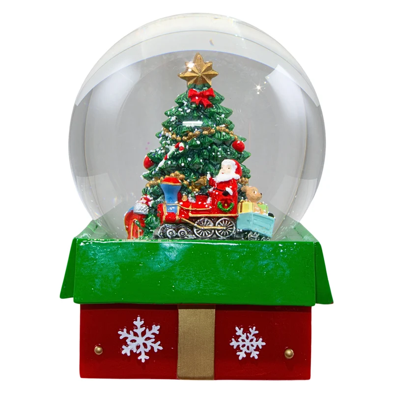 Schneekugel mit Spieluhr 16cm Weihnachtsmann im Zug mit Baum in Geschenkbox