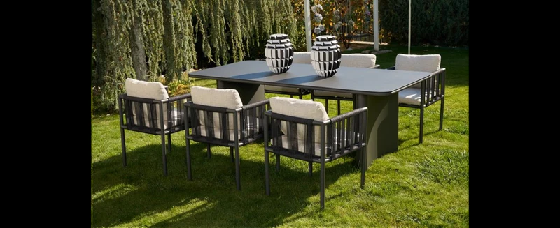 Casa Padrino Luxus Garten Essgruppe Beige / Schwarz 7-teilig 100 x H. 76 cm - Wetterfest und hochwertig verarbeitet - Moderne Garten Möbel - Luxus Qualität
