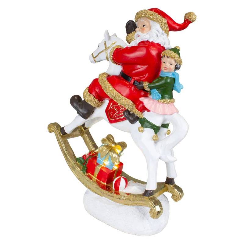 LED Tischdeko Weihnachtsmann auf Schaukelpferd 32cm