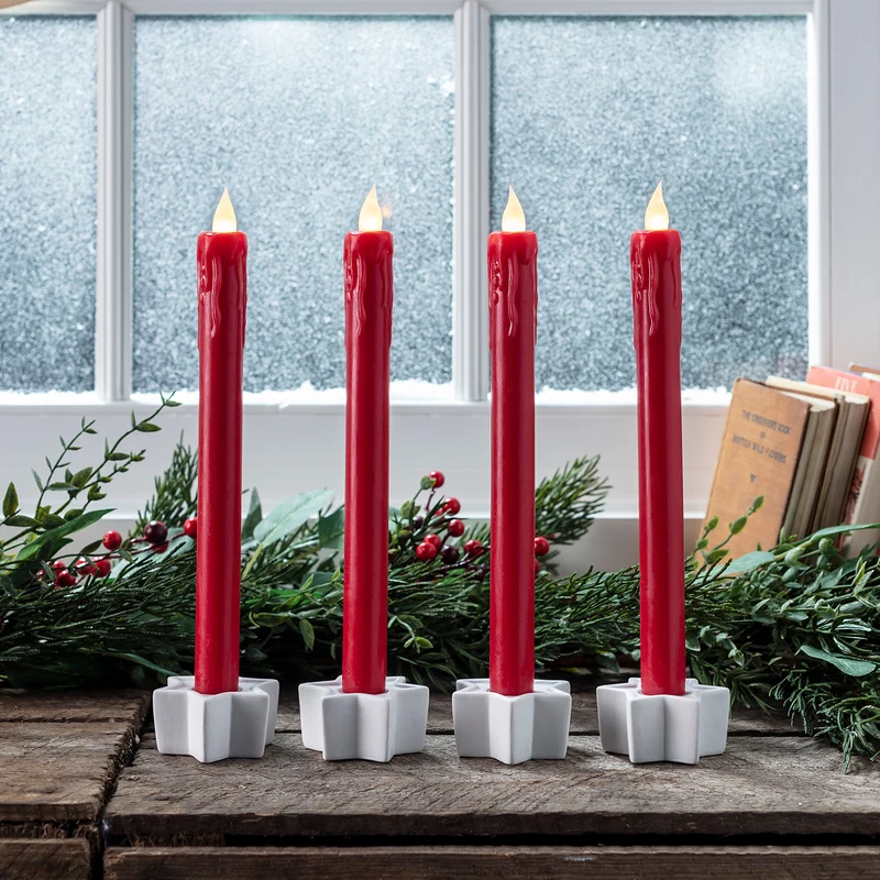 4er Set rote LED Stabkerzen Echtwachs mit Fernbedienung