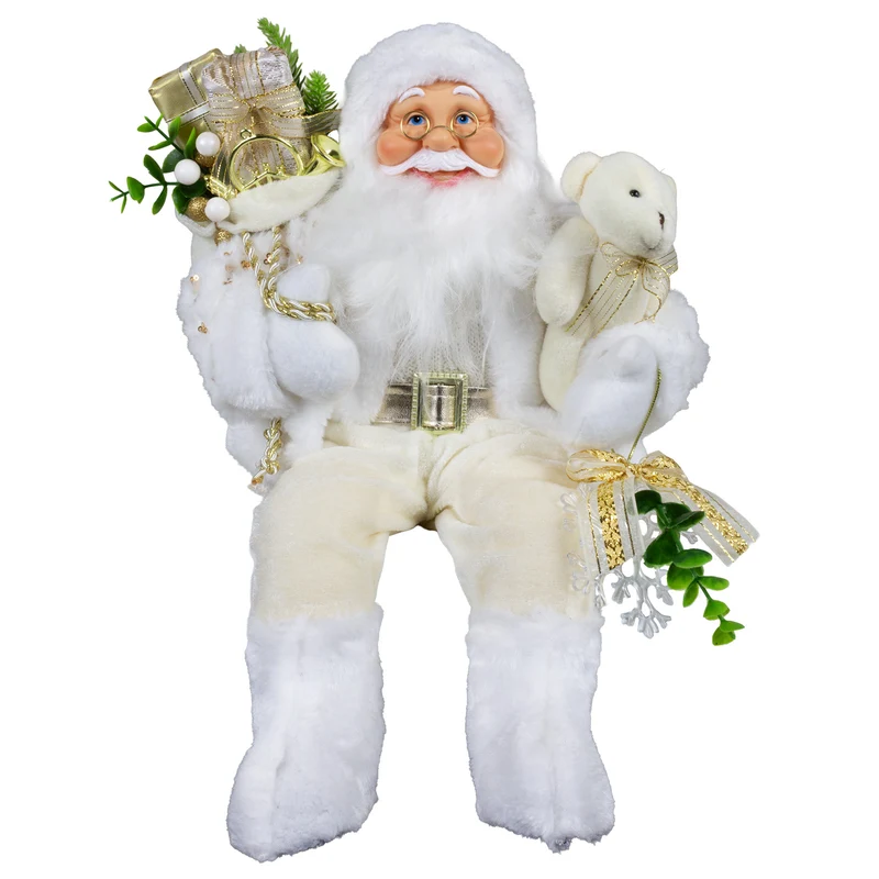 Weihnachtlicher Santa Kantenhocker 45 cm sitzend mit weißem langem Mantel