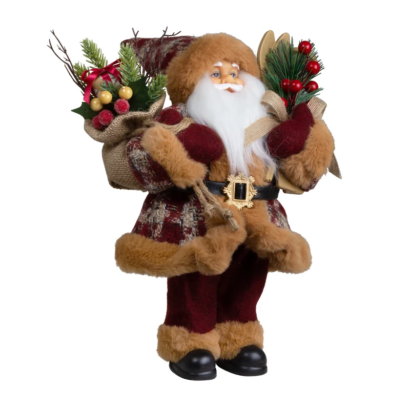 Weihnachtsmann 30cm Santa mit Kurzem Mantel in Karomuster, Ski und Geschenkesack