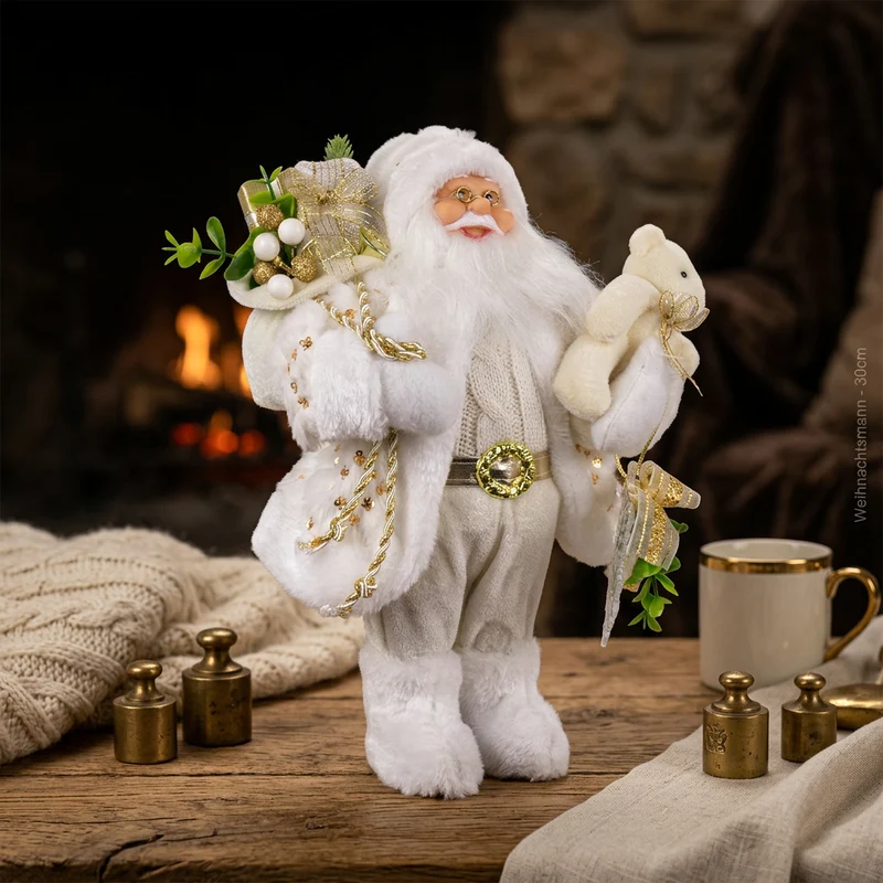 Weihnachtlicher Santa 30 cm mit weißem langem Mantel