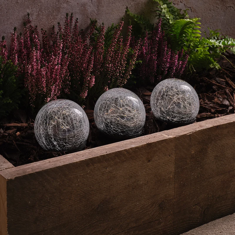 3er Set Solar-Gartenstecker Glaskugeln im Crackle-Look mit 60 warmweißen LEDs