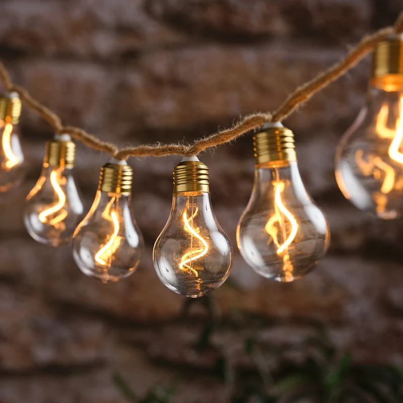 10er transparente Glühbirnen-LED-Lichterkette auf Naturseil mit Timer