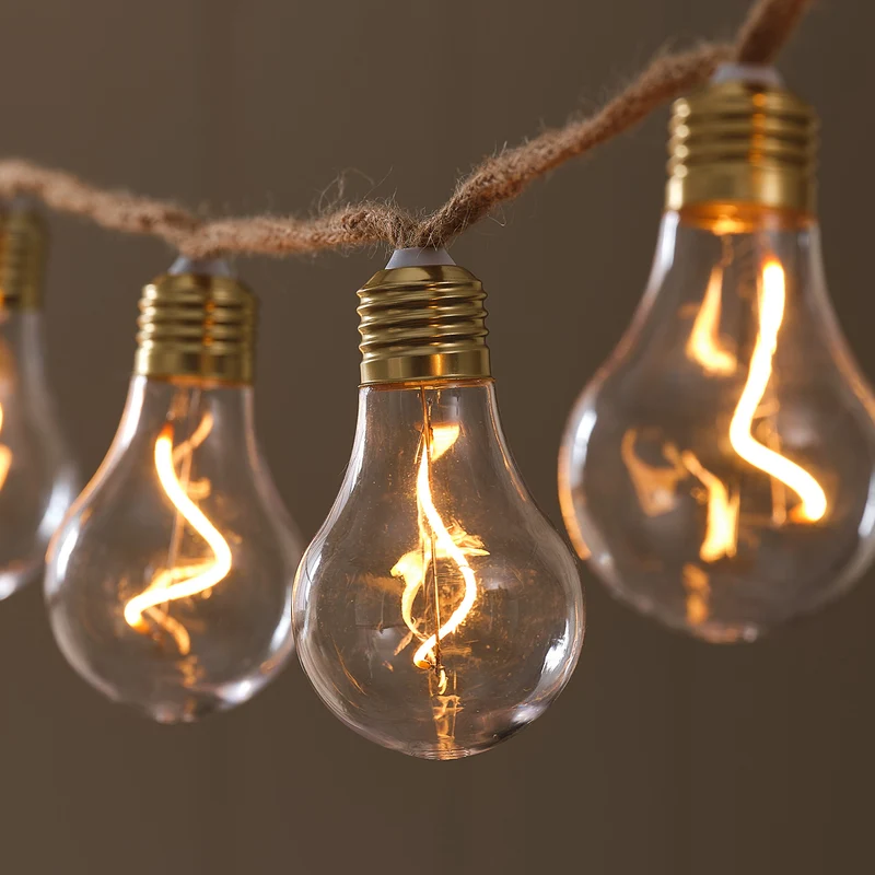 10er transparente Glühbirnen-LED-Lichterkette auf Naturseil mit Timer