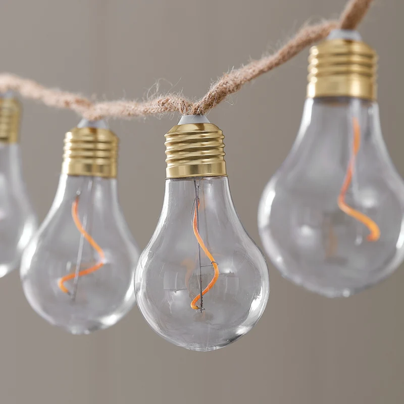 10er transparente Glühbirnen-LED-Lichterkette auf Naturseil mit Timer