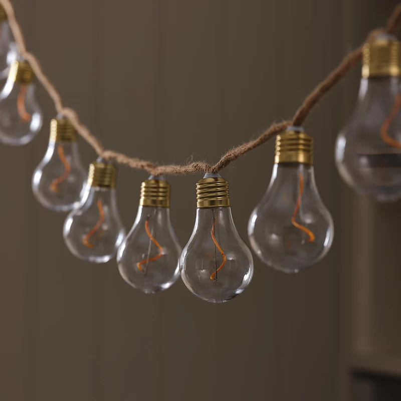 10er transparente Glühbirnen-LED-Lichterkette auf Naturseil mit Timer
