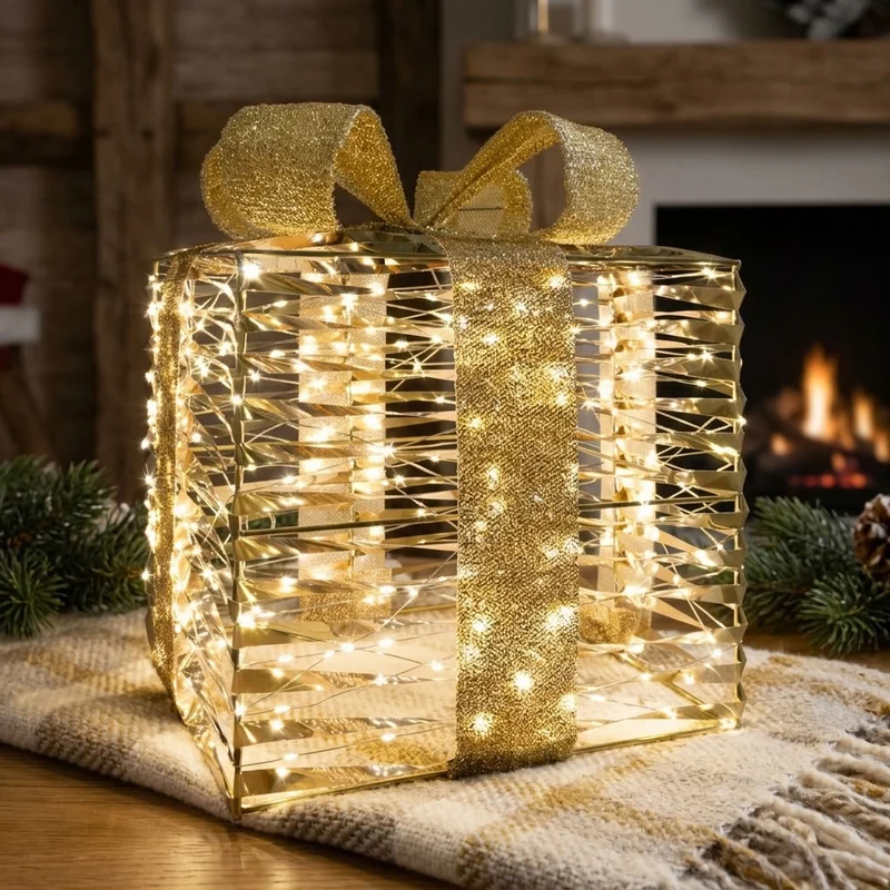 LED Geschenkbox warmweiß - Farbe gold - Höhe 36cm – mit Timer