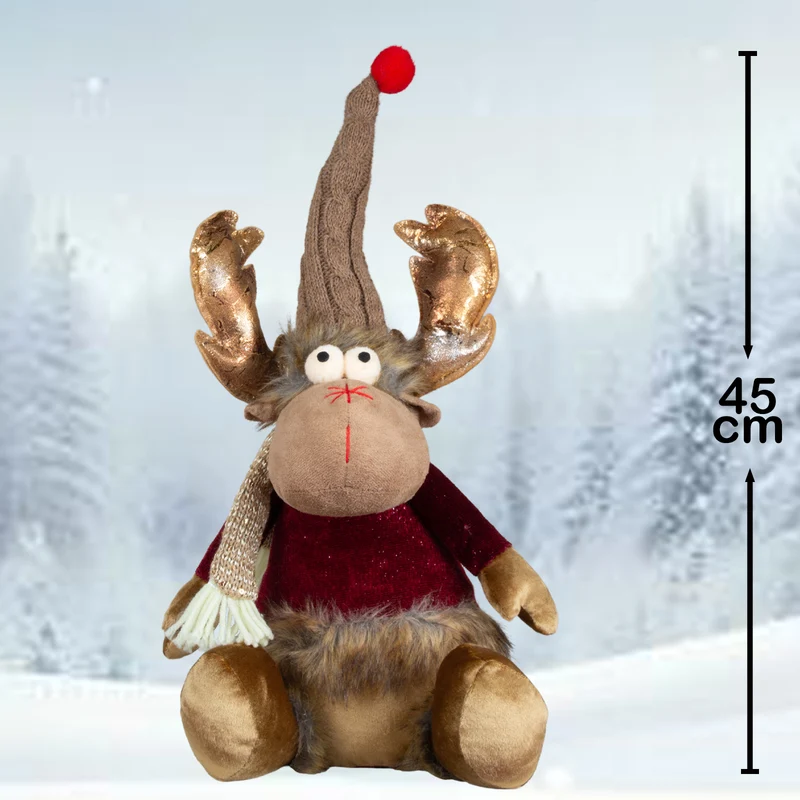 Deko-Elch sitzend mit Zipfelmütze & Glitzer-Geweih 32cm
