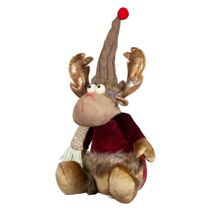 Deko-Elch sitzend mit Zipfelmütze & Glitzer-Geweih 32cm