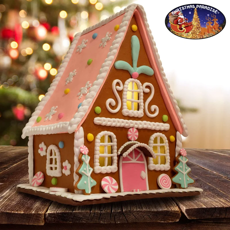 Lebkuchenhaus 23cm braun-rosa mit warmweißem LED-Licht und Timer