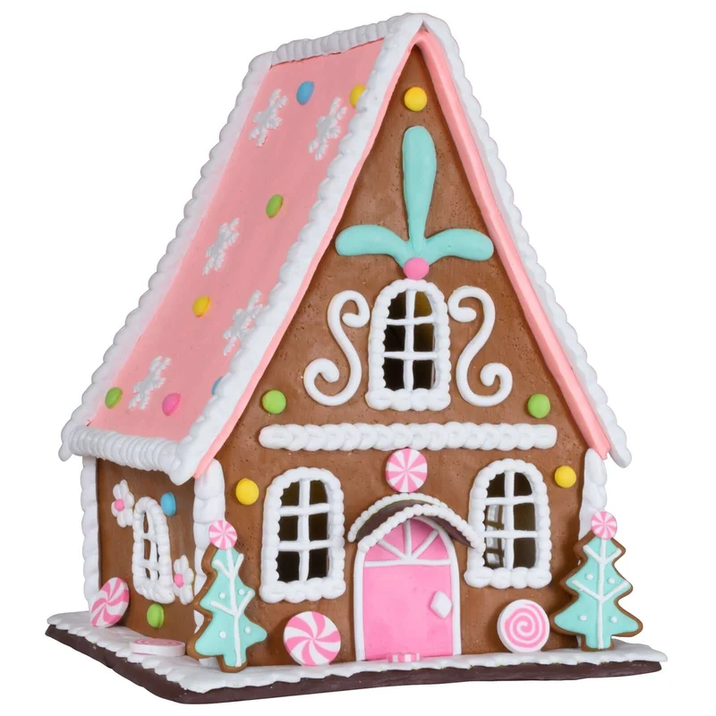 Lebkuchenhaus 23cm braun-rosa mit warmweißem LED-Licht und Timer