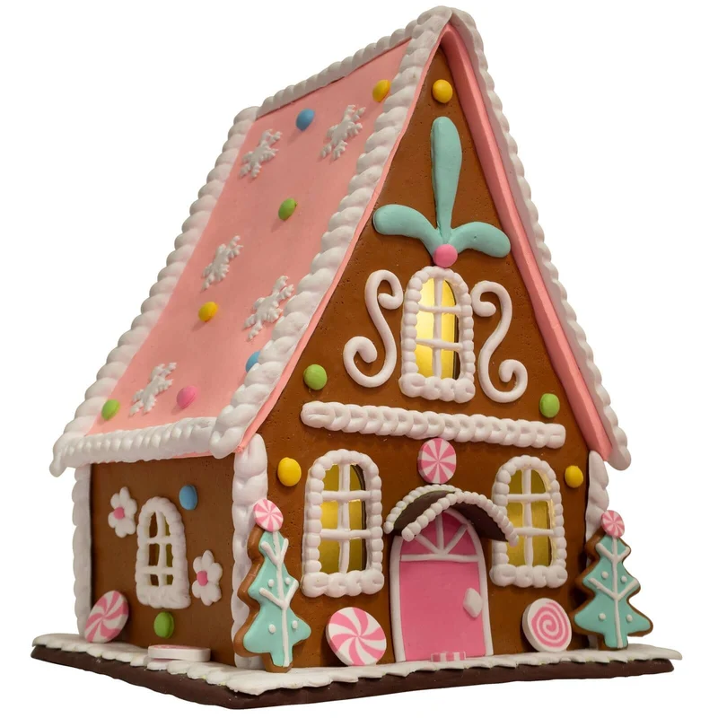 Lebkuchenhaus 23cm braun-rosa mit warmweißem LED-Licht und Timer