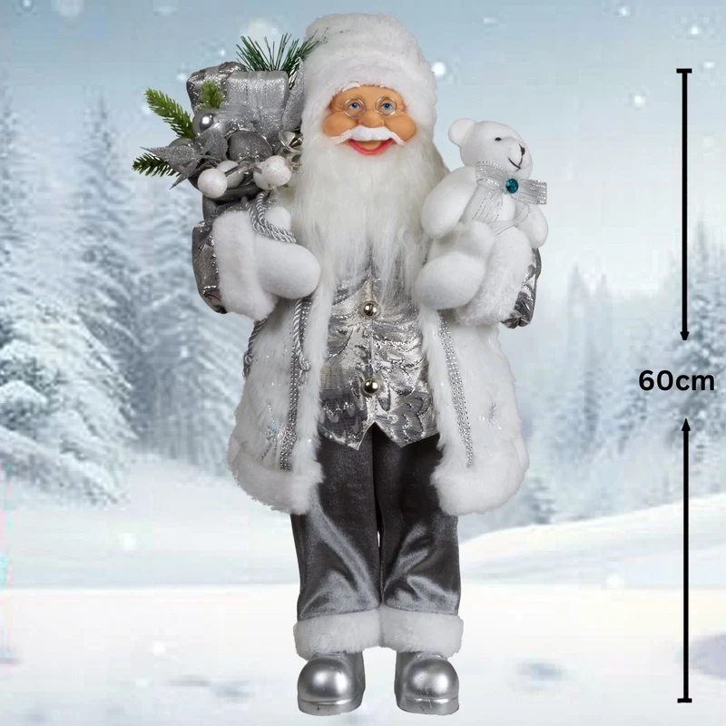 Weihnachtsmann 60 cm stehend mit Kurzem Mantel Teddybär & Geschenken