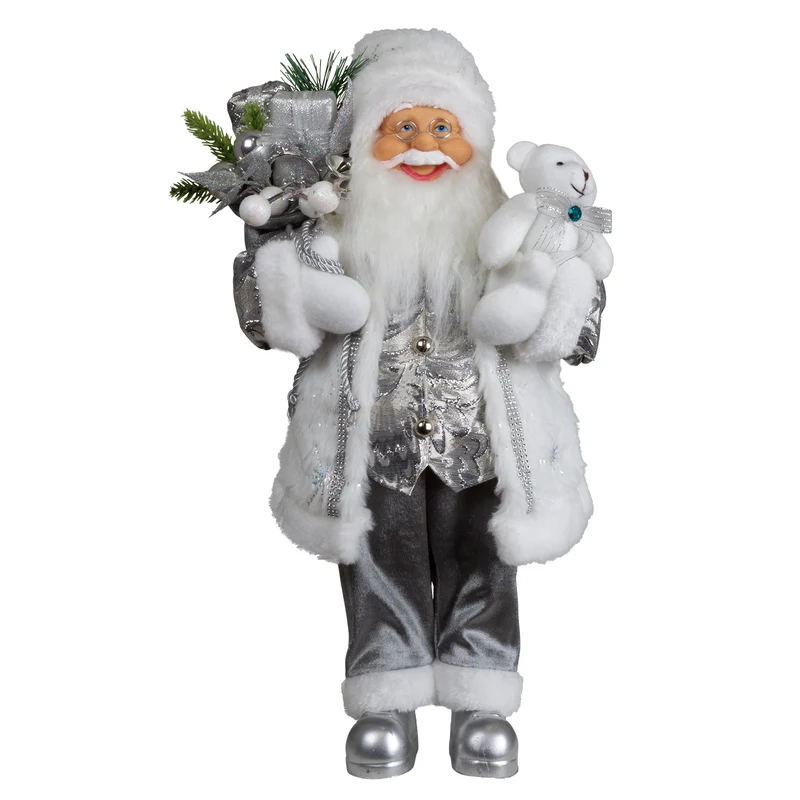 Weihnachtsmann 45 cm stehend mit Kurzem Mantel Teddybär & Geschenken